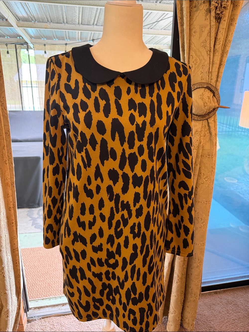 Women's Leopard Print Shift Dress with Peter Pan Collar - Black & Mustard